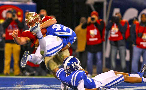 Dwayne Norman got disqualified from Saturday's ACC championship game for targeting Nick O'Leary on this hit, which was one of many crushing blows dealt by both teams.