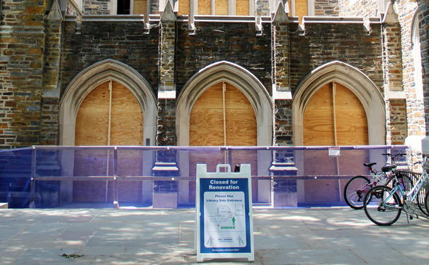 Perkins Library's entrance and lobby area are being renovated, requiring the closure of the main entrance.