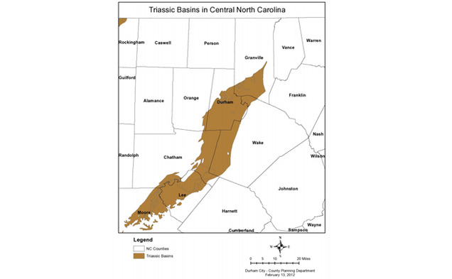 This map depicts the natural gas deposits (brown) in the Durham area that may be harnessed through fracking in coming years.