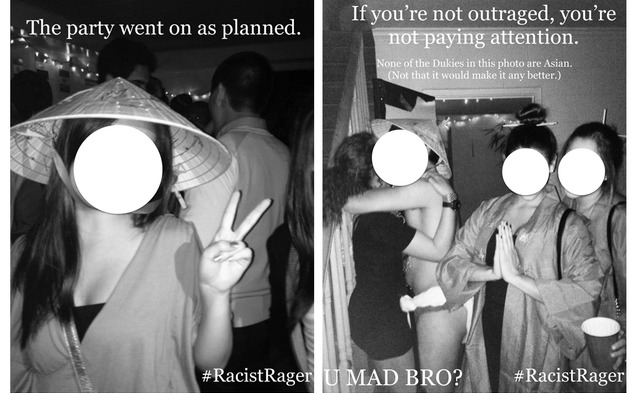 Flyers protesting an Asian-themed party hosted by Kappa Sigma fraternity appeared around campus today. Since this morning, many of the posters have been torn down.