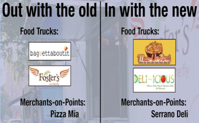 New food trucks Mac-ur-Roni and Deli-icious will rotate through the schedule in place of Baguettaboutit and Foster’s on the Fly.