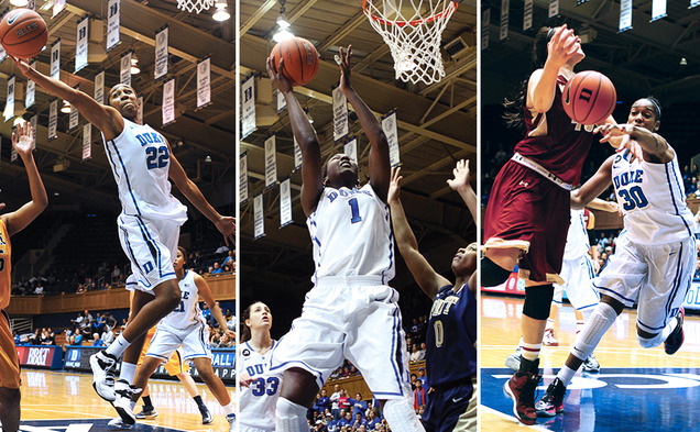 The combination of Oderah Chidom (left) Elizabeth Williams (center) and Amber Henson (right) gives Duke a three-headed monster in the post.