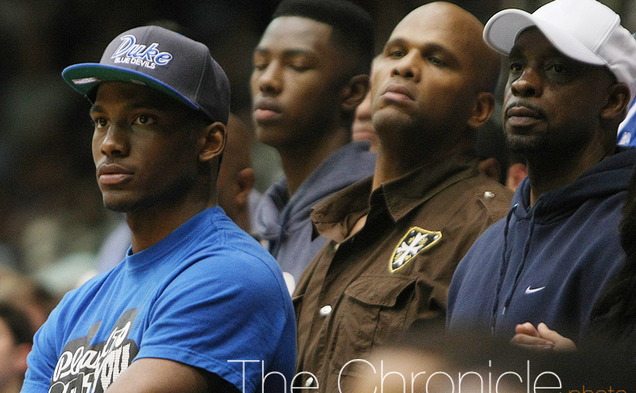 Sporting Duke gear, top recruit Justise Winslow was in attendance for Saturday's game against Miami. (Photo by Nicole Savage/The Chronicle)
