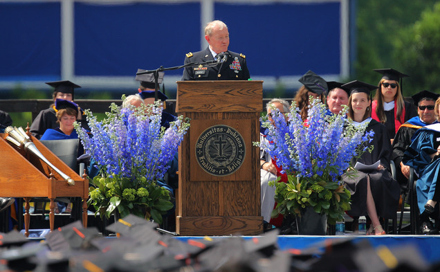 Gen. Martin Dempsey, chairman of the Joint Chiefs of Staff, addresses the class of 2014 during Sunday's commencement ceremony.