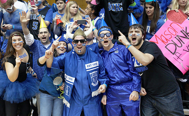 Sam Tasher, center in the Viking helmet, is in his eighth and final year attending Duke. A win against Virginia Tech Tuesday would give Tasher 100 wins at Cameron Indoor Stadium.