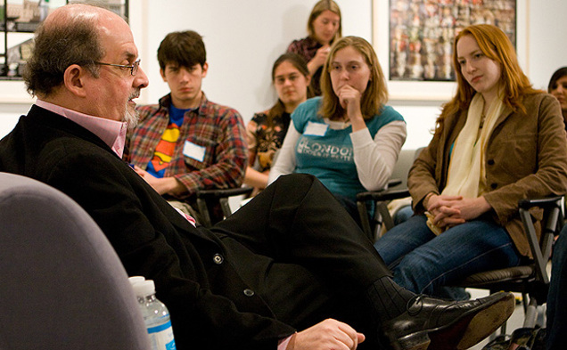 Author Salman Rushdie, pictured speaking to students, discussed the notion of viewing novelists as news gatherers bringing national issues to public attention.