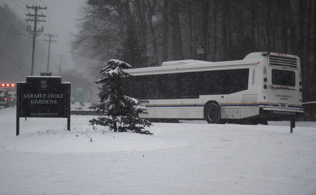 Buses have skidded as they shuttle students and faculty between campuses. This bus appeared to be stuck outside of the Sarah P. Duke Gardens.