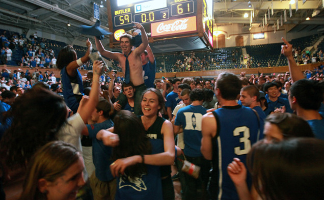 Blue Devils celebrate at the culmination of the Cameron watch party after Duke clinched their fourth national championship.