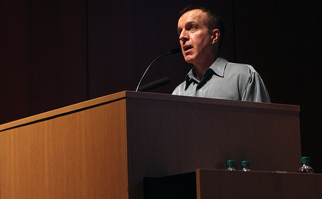 Rob Nixon, an English profesor at the University of Wisconsin-Madison, talks about violence on the environment at the Nasher Museum of Art Wednesday.