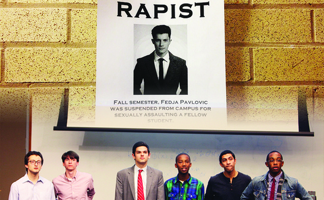 Duke Student Government, meeting shown at bottom, cannot verify the disciplinary records of candidates. The question surfaced after the flyer above accused Fedja Pavlovic of sexually assaulting a student.