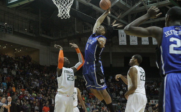 Freshman Jabari Parker scored 17 points and pulled down a career-high 15 rebounds as the Blue Devils routed Miami.