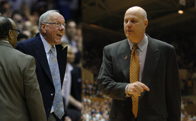 Current ESPN analyst and former Virginia Tech head coach Seth Greenberg (right) explains what may have been running through the head of Syracuse head coach Jim Boeheim (left) when he got ejected from his team's loss to Duke Saturday.