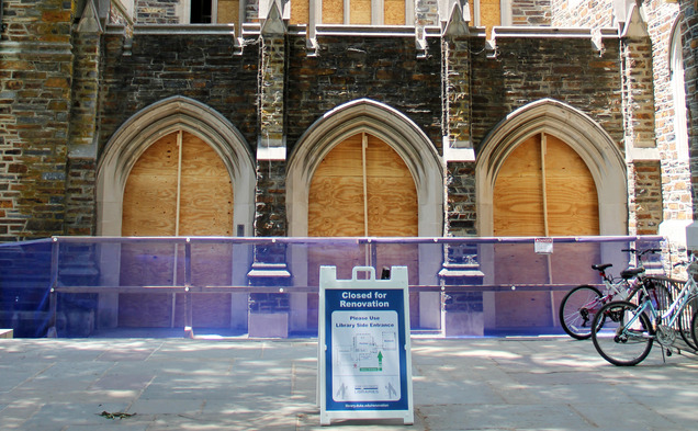 Perkins Library's entrance and lobby area are being renovated, requiring the closure of the main entrance.