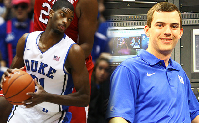 With help from Kevin Cullen (right) and a Duke professor, sophomore Amile Jefferson (left) is learning new advance metrics to analyze his rebounding thanks to his team's SportsVU technology.